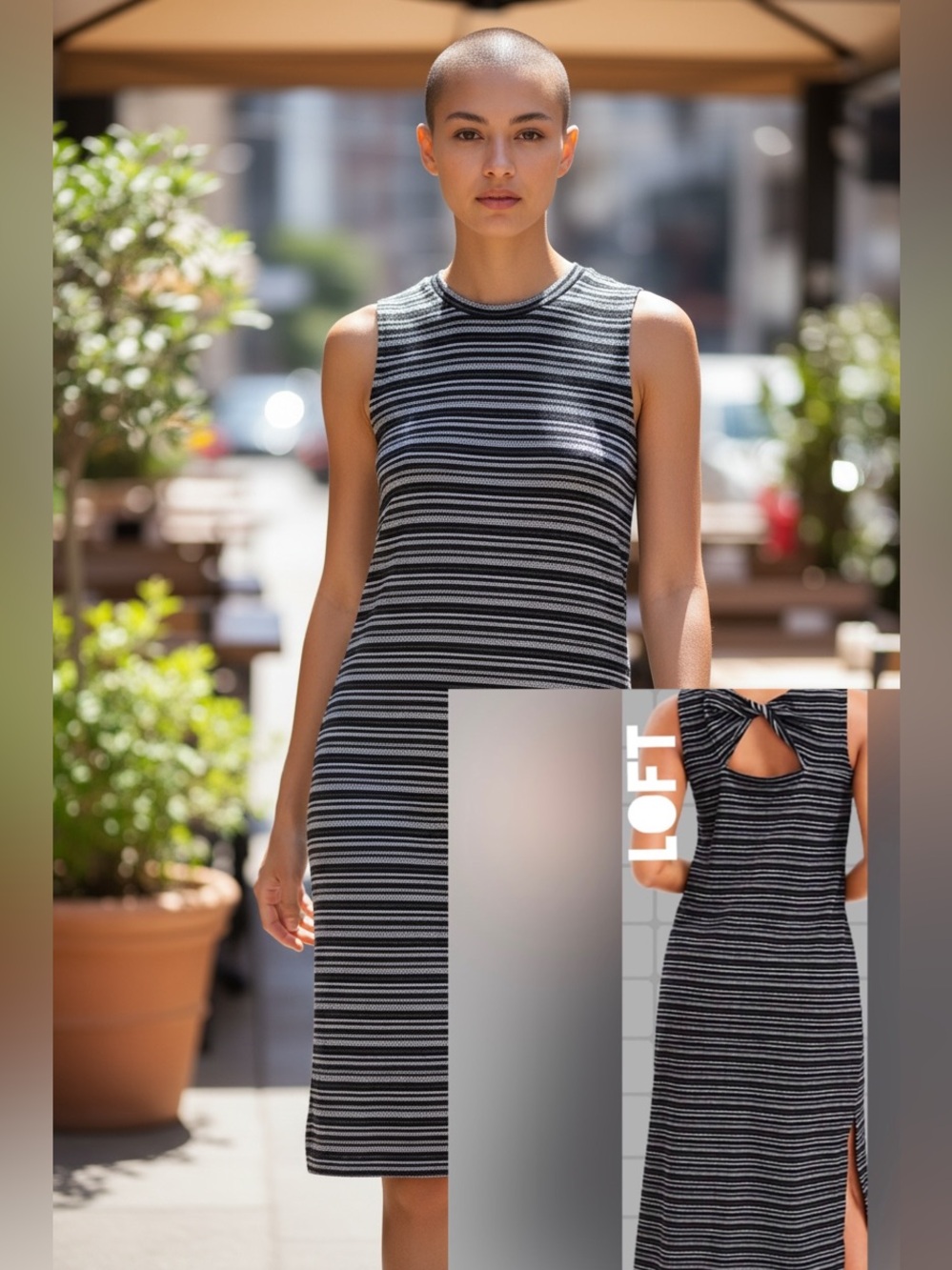 Loft Black and White Midi Dress with Open Twist Back size XXS